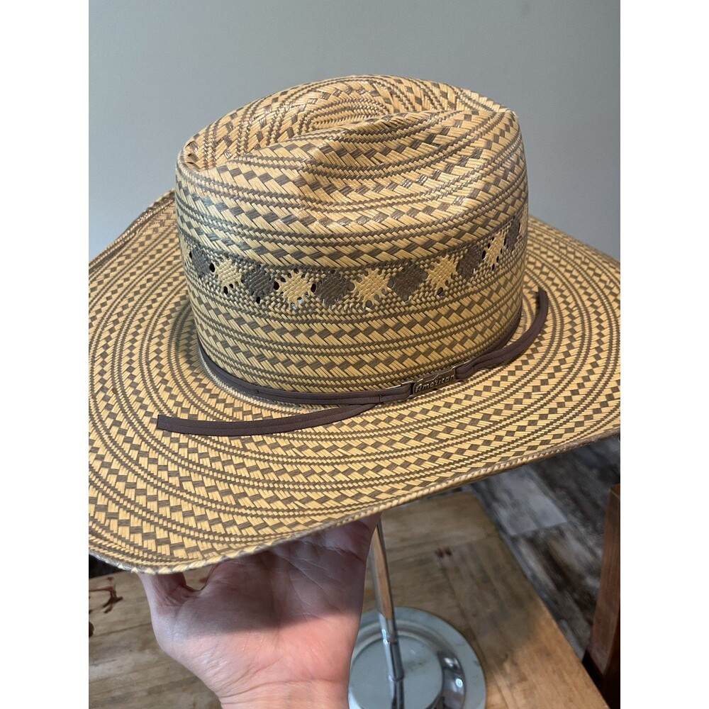 American Hat Co Two Tone Vented Ivory and Gray Rancher Crease Straw Cowboy 7 5/8